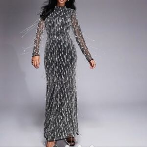 ASOS LUXE Pearl Embellished Maxi Dress Black Beaded Fringe Evening Gown 4